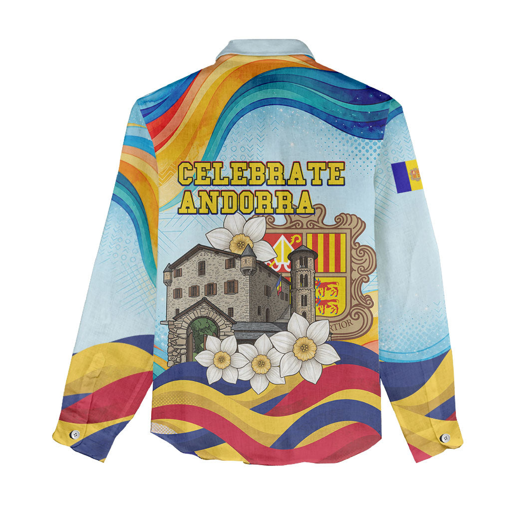 Andorra National Day Women Casual Shirt Coat Of Arms Daffodil Flower Cultural Heritage