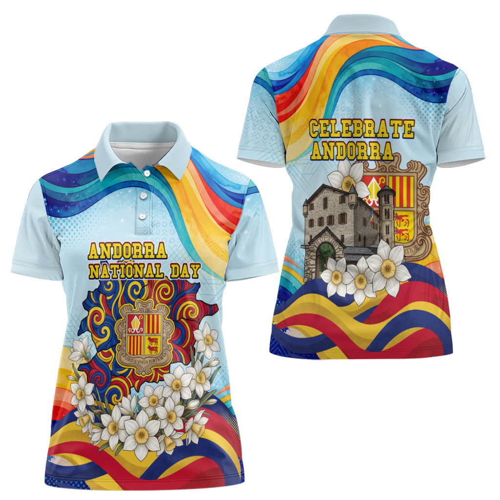 Andorra National Day Women Polo Shirt Coat Of Arms Daffodil Flower Cultural Heritage