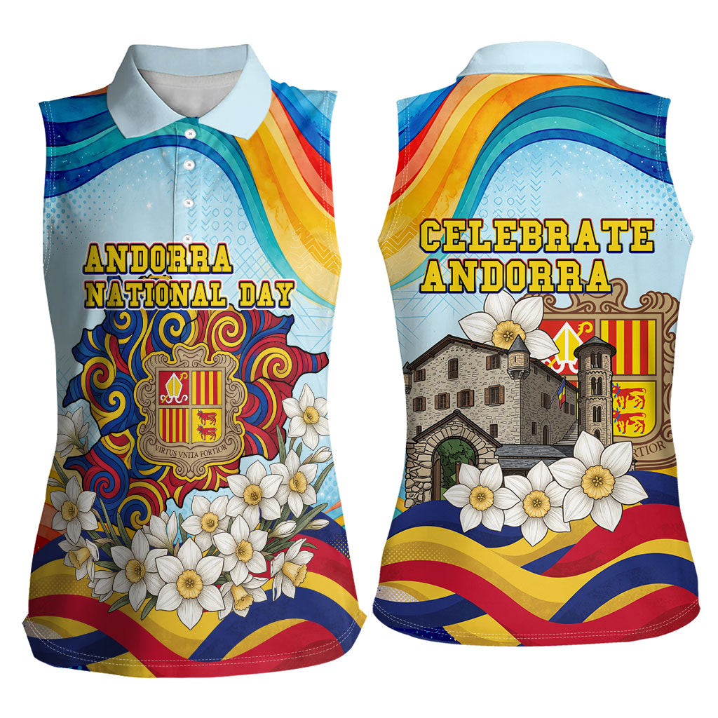 Andorra National Day Women Sleeveless Polo Shirt Coat Of Arms Daffodil Flower Cultural Heritage