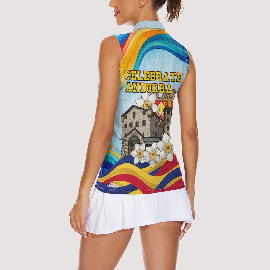 Andorra National Day Women Sleeveless Polo Shirt Coat Of Arms Daffodil Flower Cultural Heritage