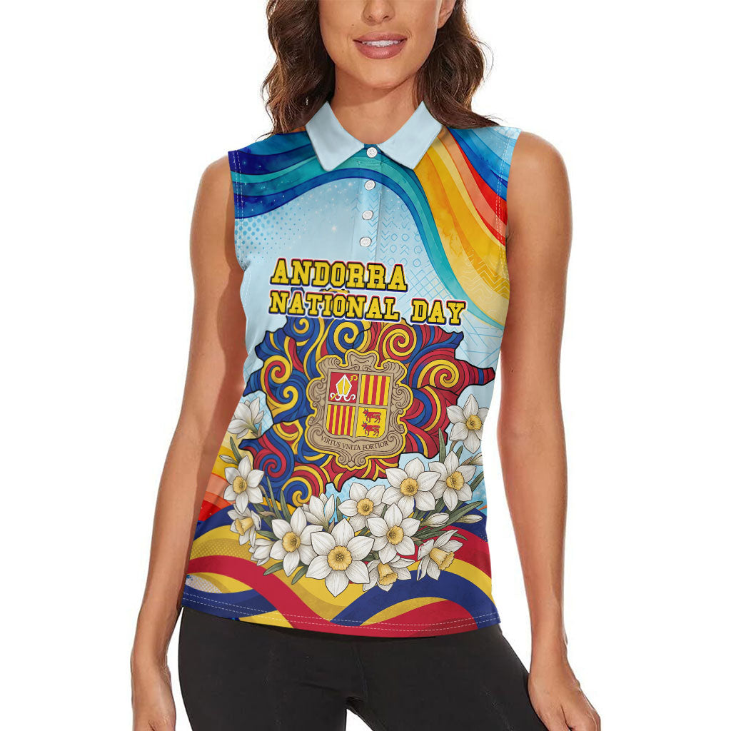 Andorra National Day Women Sleeveless Polo Shirt Coat Of Arms Daffodil Flower Cultural Heritage