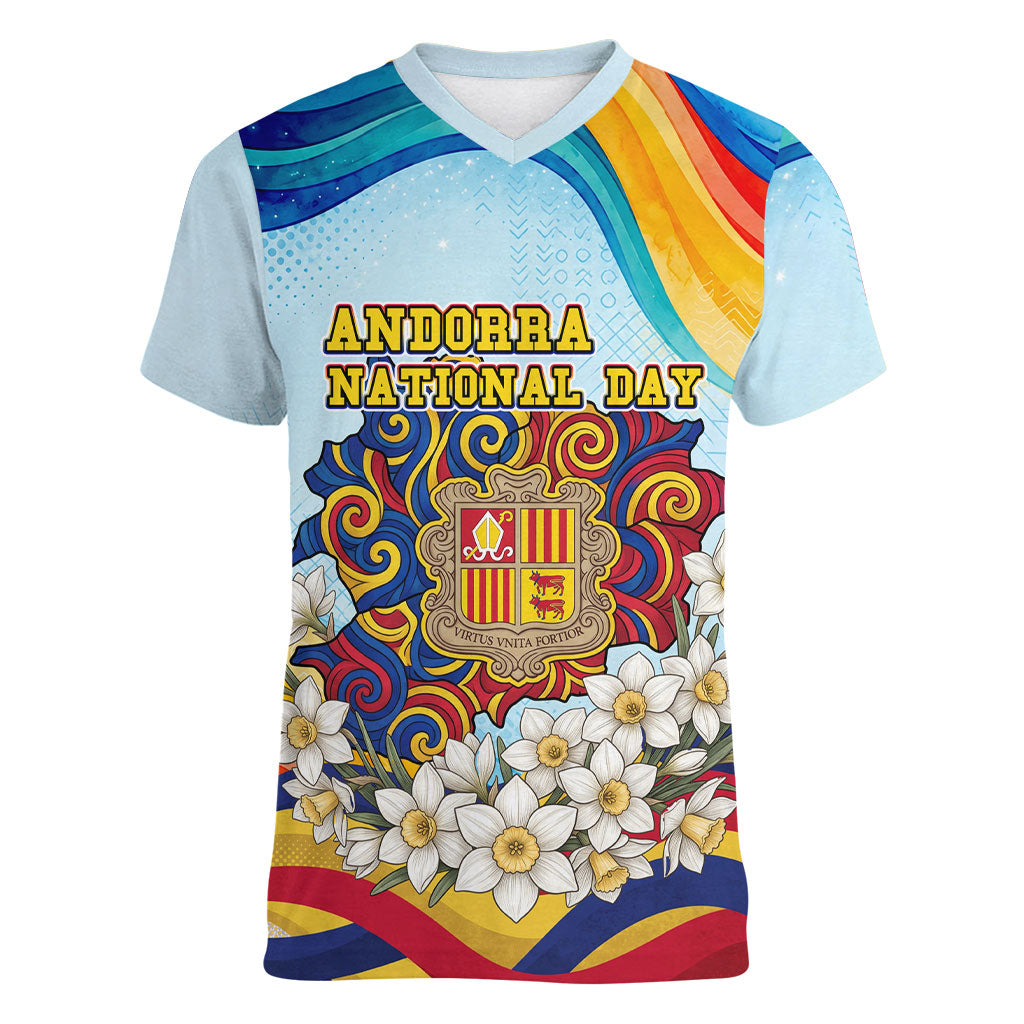 Andorra National Day Women V-Neck T-Shirt Coat Of Arms Daffodil Flower Cultural Heritage