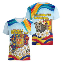 Andorra National Day Women V-Neck T-Shirt Coat Of Arms Daffodil Flower Cultural Heritage