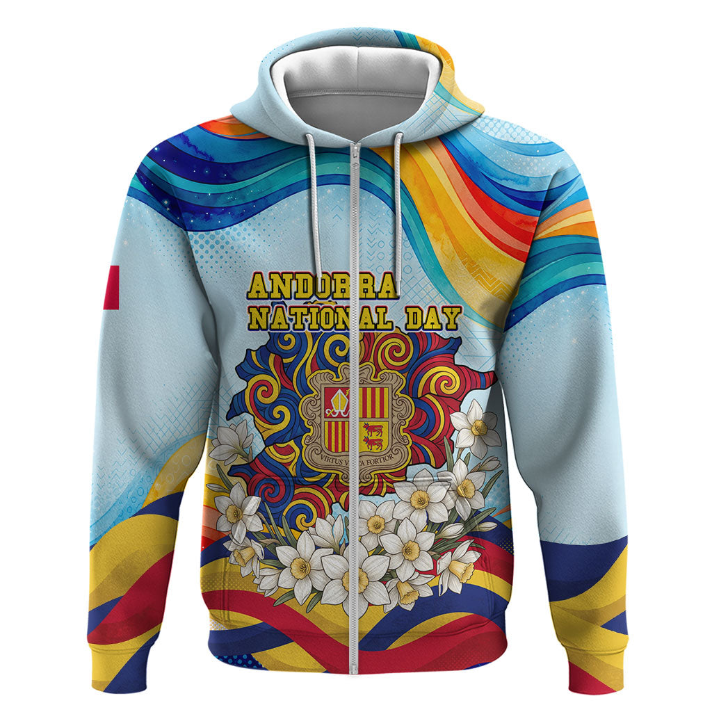 Andorra National Day Zip Hoodie Coat Of Arms Daffodil Flower Cultural Heritage