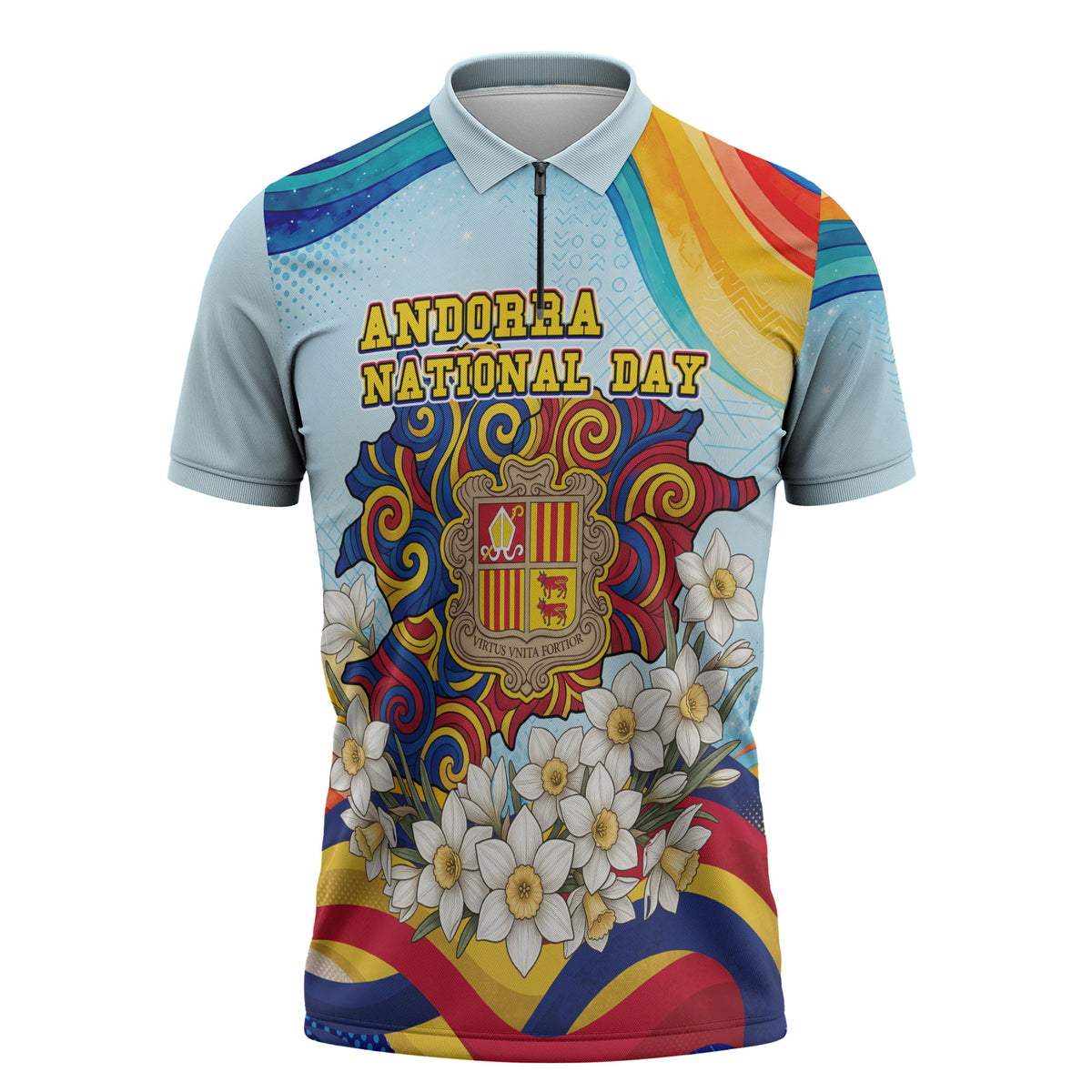 Andorra National Day Zipper Polo Shirt Coat Of Arms Daffodil Flower Cultural Heritage