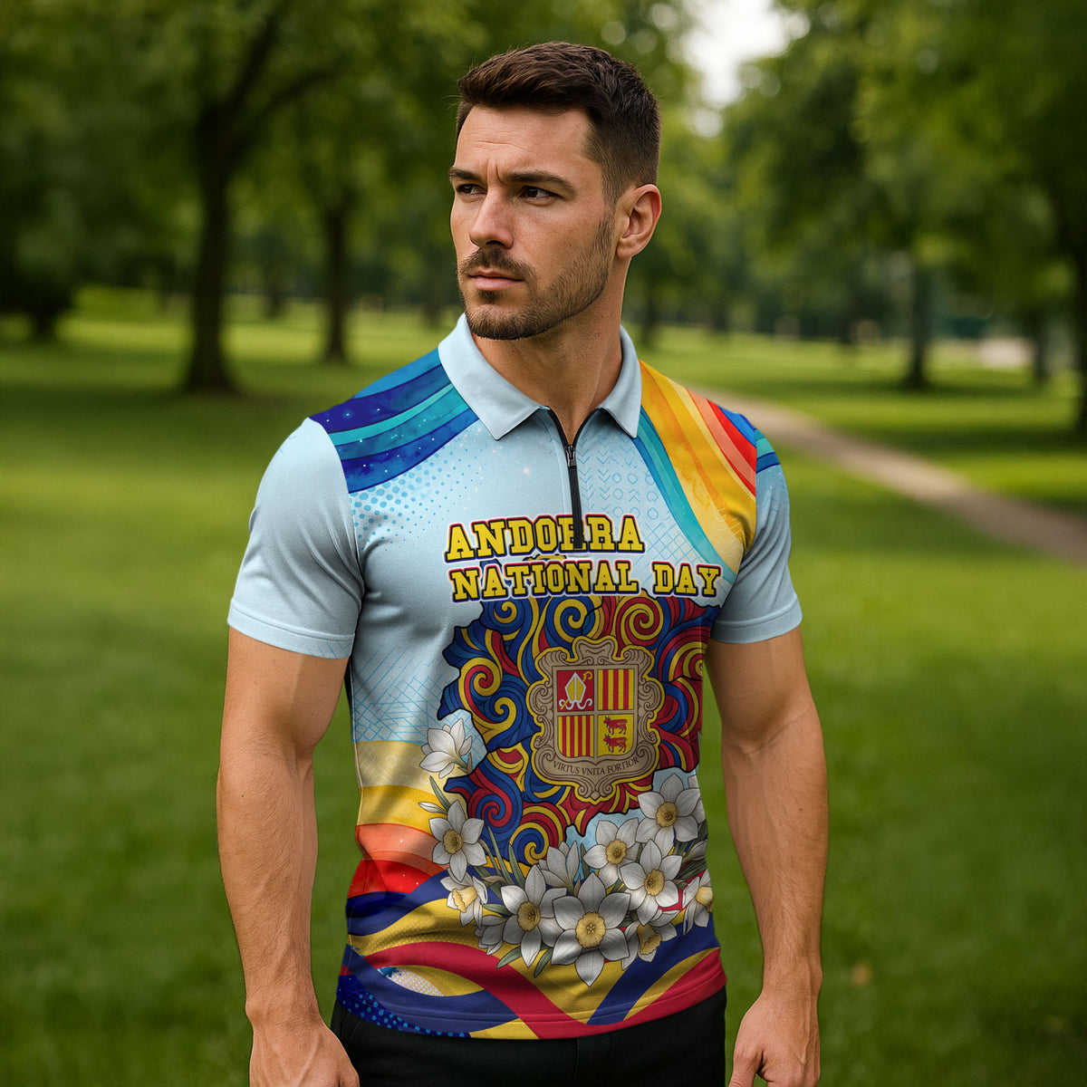 Andorra National Day Zipper Polo Shirt Coat Of Arms Daffodil Flower Cultural Heritage