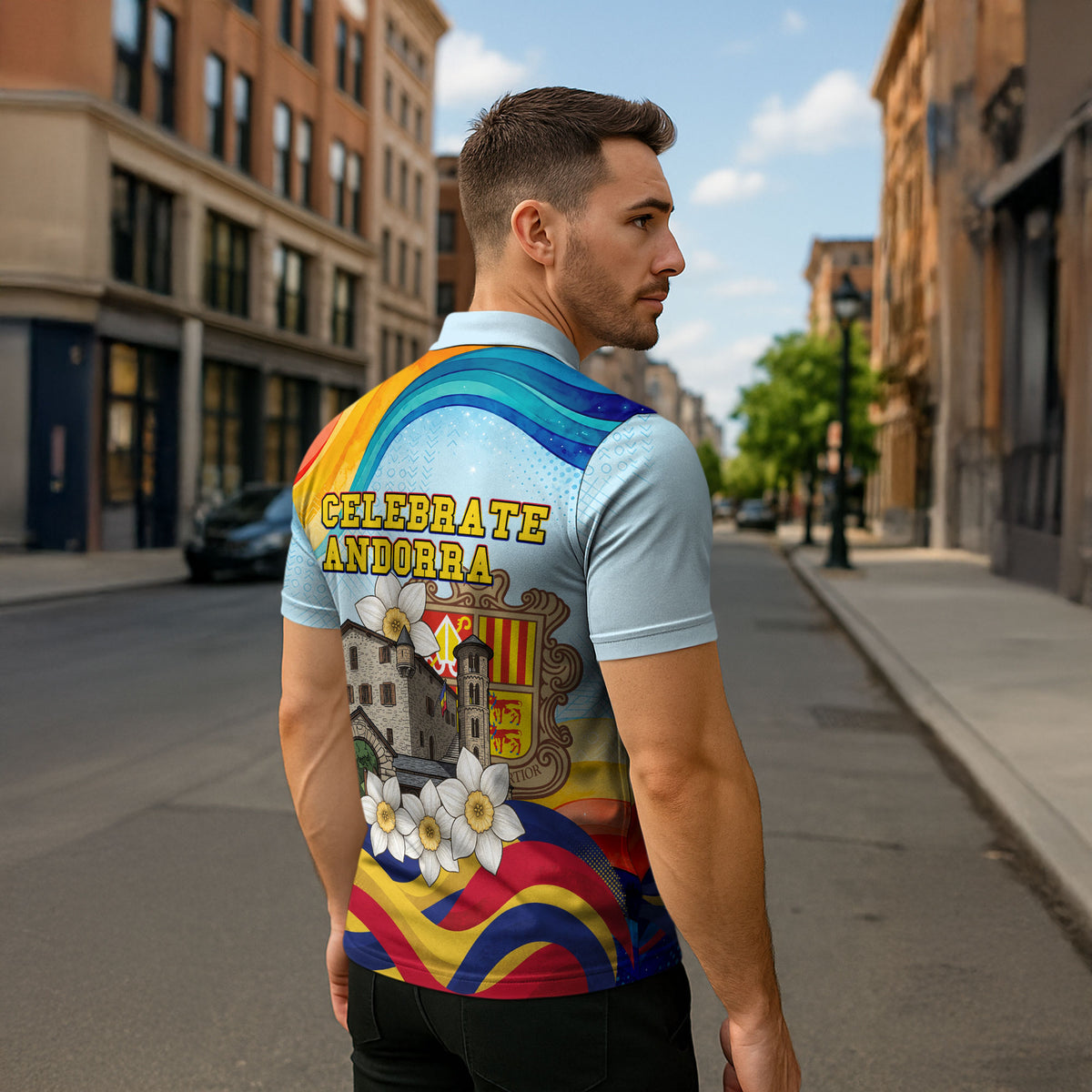 Andorra National Day Zipper Polo Shirt Coat Of Arms Daffodil Flower Cultural Heritage