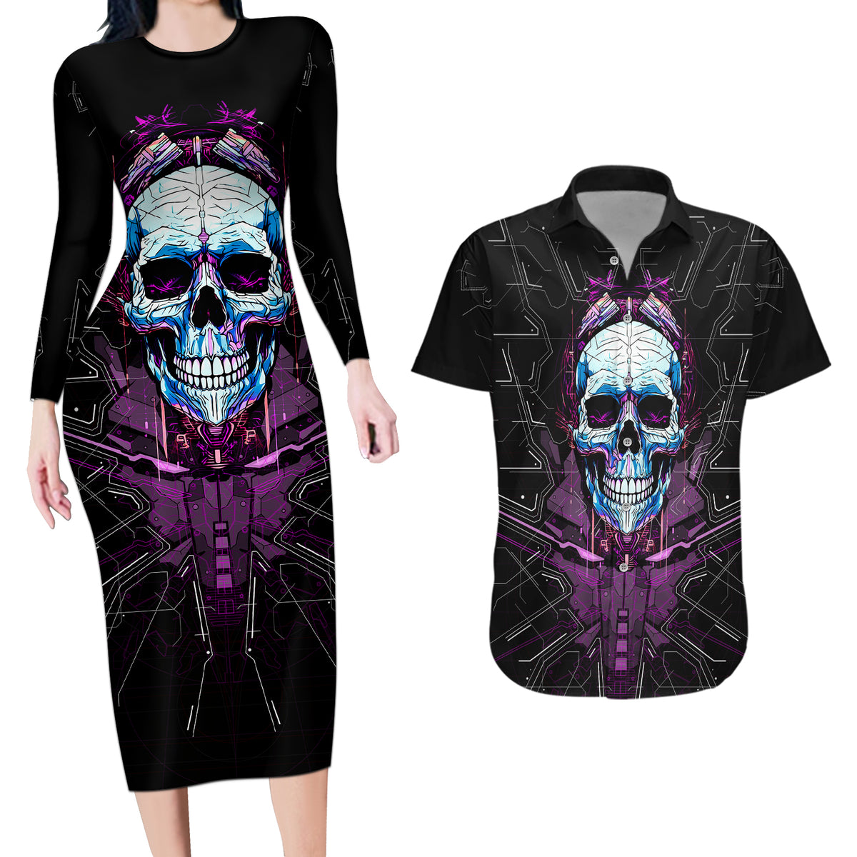 Technology Skull Couples Matching Long Sleeve Bodycon Dress and Hawaiian Shirt I'm blunt because God rolled me that way - Wonder Print Shop