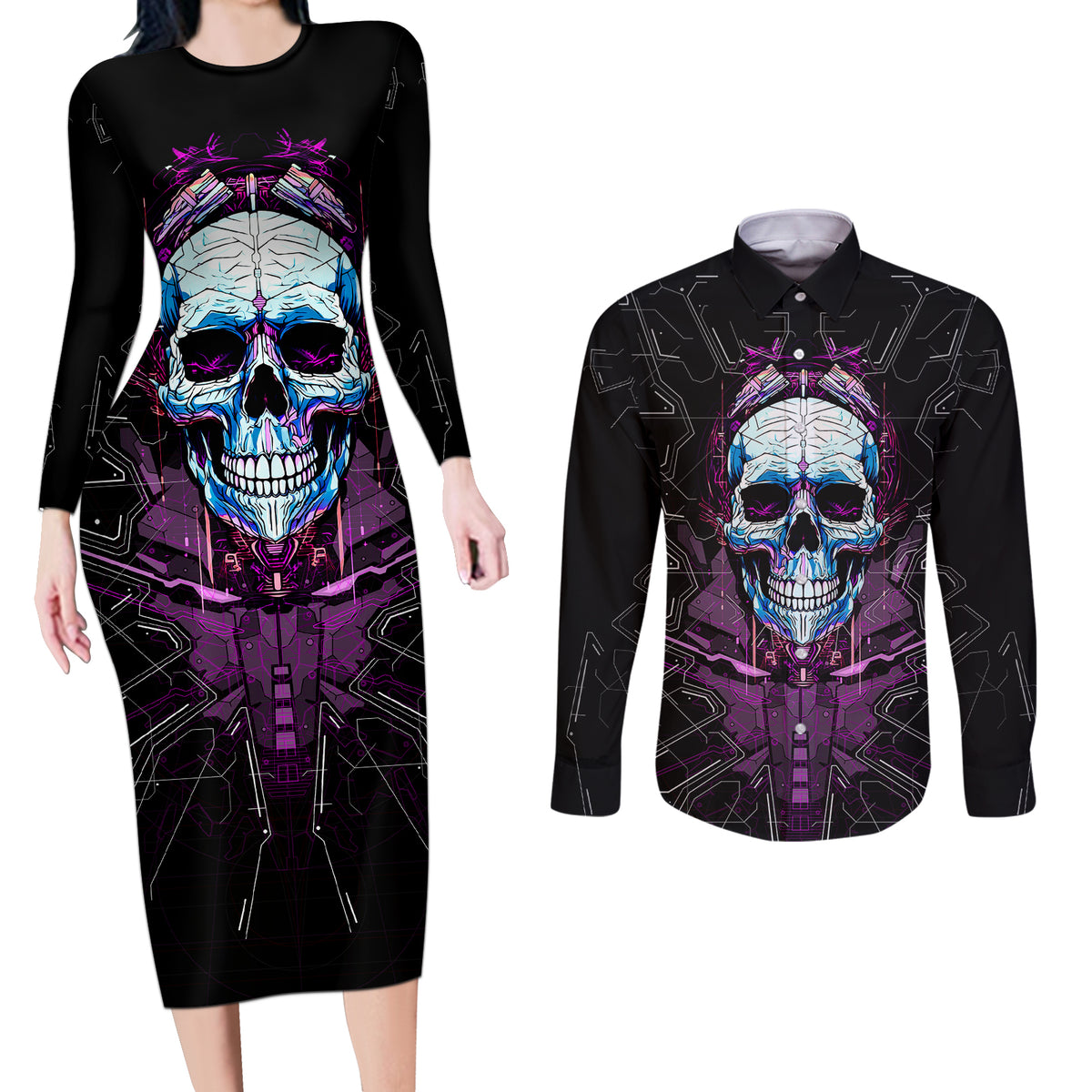 Technology Skull Couples Matching Long Sleeve Bodycon Dress and Long Sleeve Button Shirts I'm blunt because God rolled me that way - Wonder Print Shop