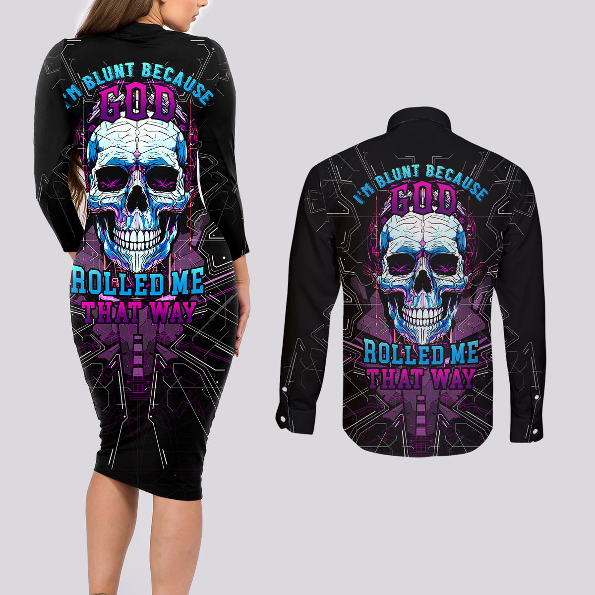 Technology Skull Couples Matching Long Sleeve Bodycon Dress and Long Sleeve Button Shirts I'm blunt because God rolled me that way - Wonder Print Shop