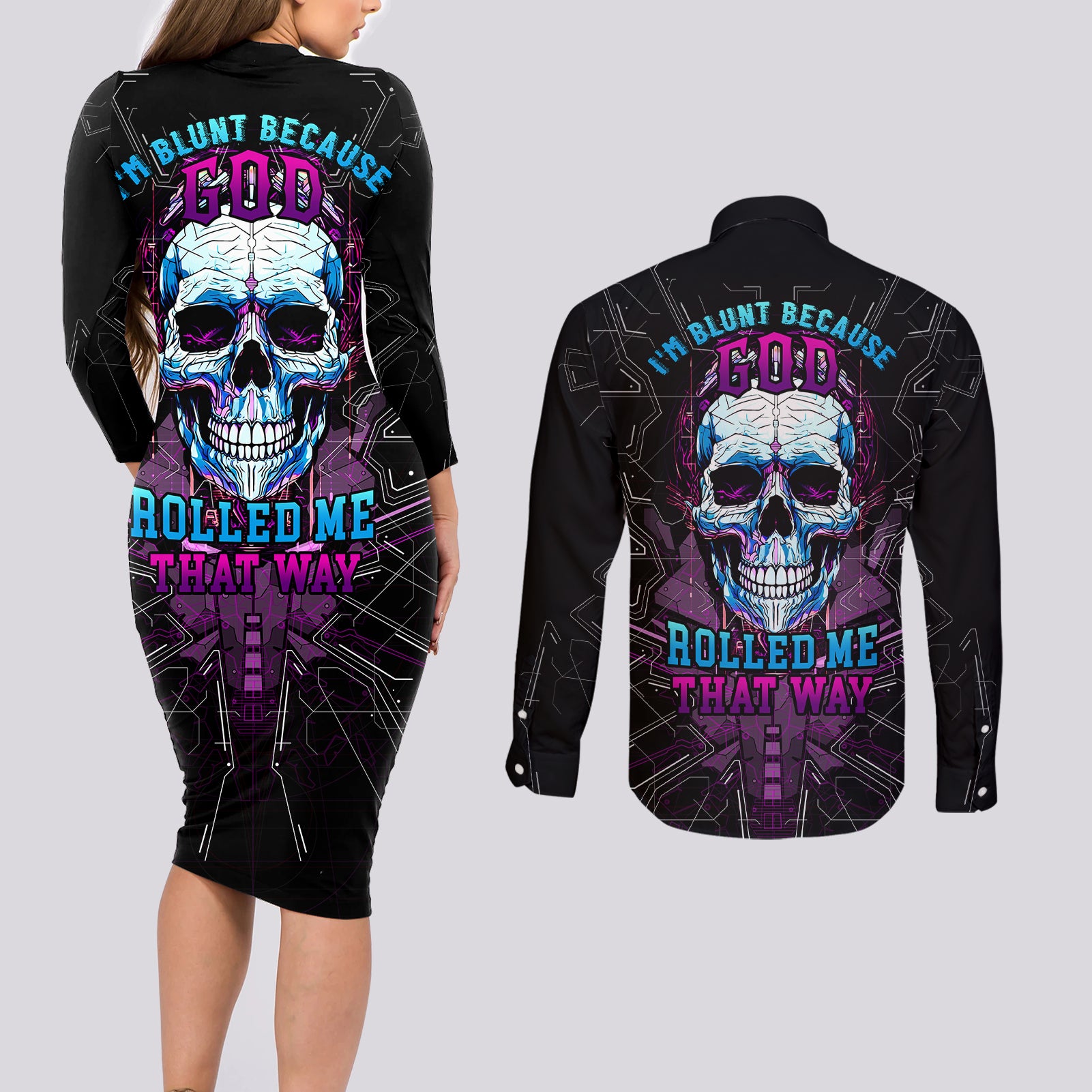 Technology Skull Couples Matching Long Sleeve Bodycon Dress and Long Sleeve Button Shirts I'm blunt because God rolled me that way - Wonder Print Shop