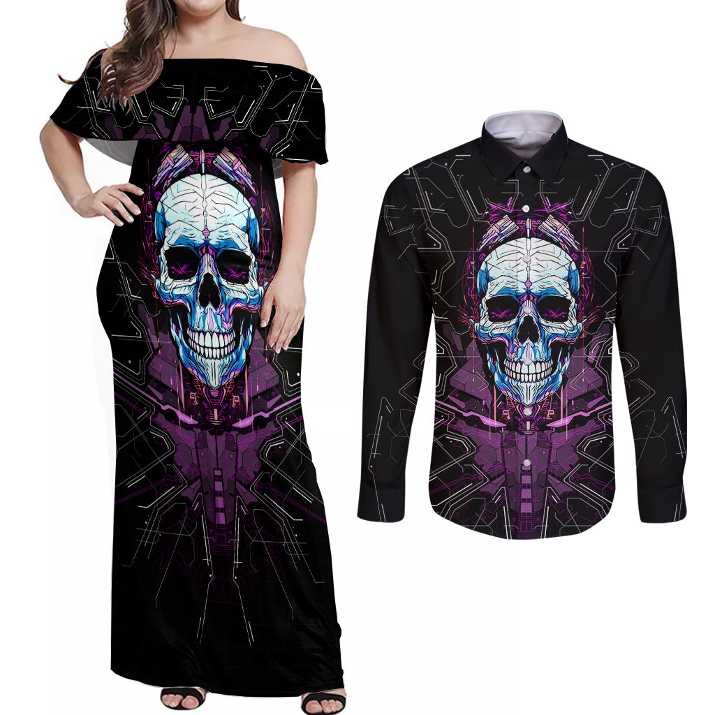 Technology Skull Couples Matching Off Shoulder Maxi Dress and Long Sleeve Button Shirts I'm blunt because God rolled me that way - Wonder Print Shop