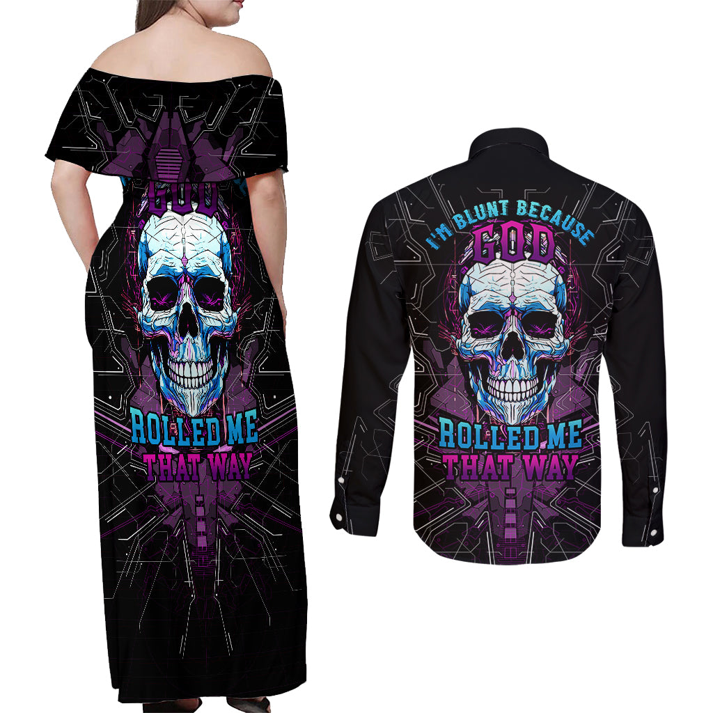 Technology Skull Couples Matching Off Shoulder Maxi Dress and Long Sleeve Button Shirts I'm blunt because God rolled me that way - Wonder Print Shop