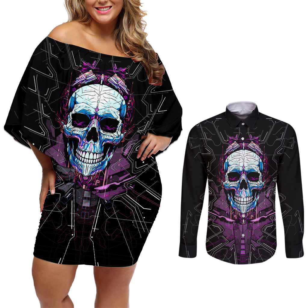 Technology Skull Couples Matching Off Shoulder Short Dress and Long Sleeve Button Shirts I'm blunt because God rolled me that way - Wonder Print Shop
