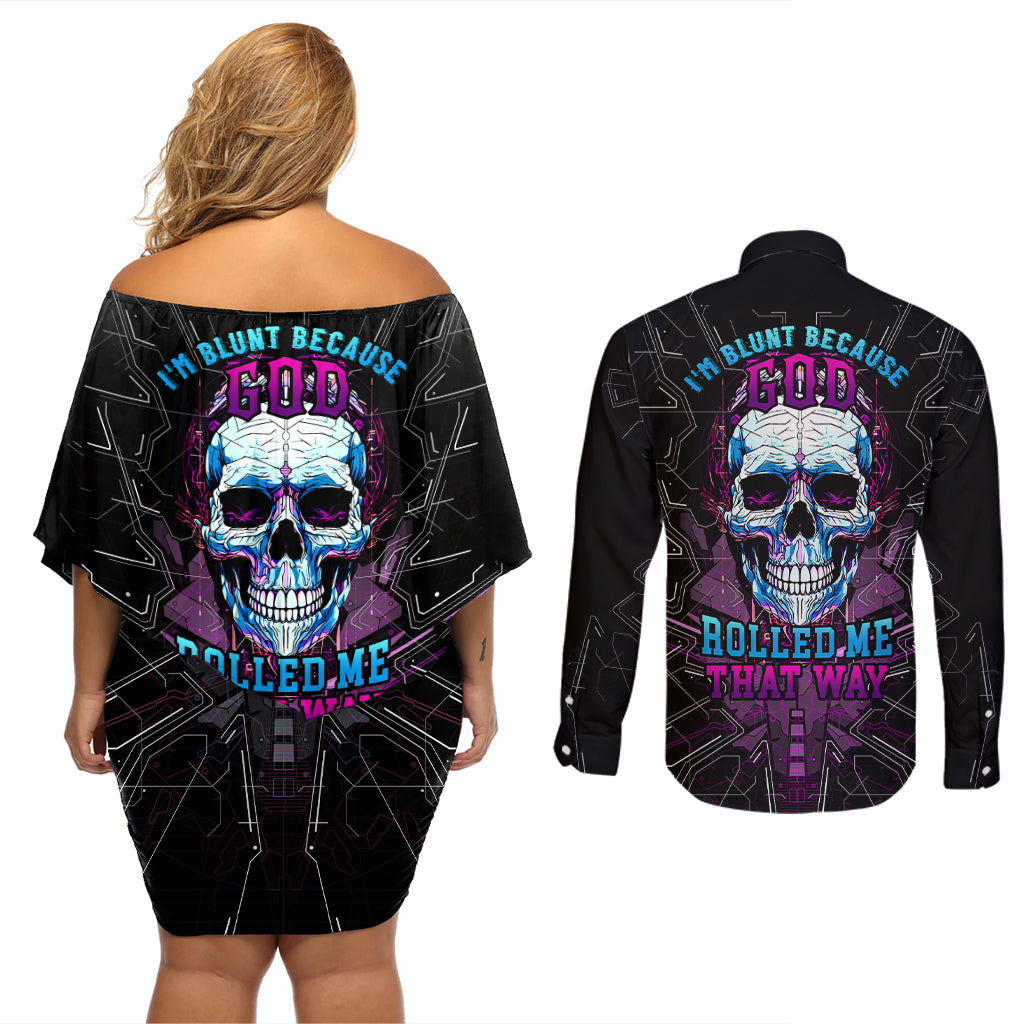 Technology Skull Couples Matching Off Shoulder Short Dress and Long Sleeve Button Shirts I'm blunt because God rolled me that way - Wonder Print Shop