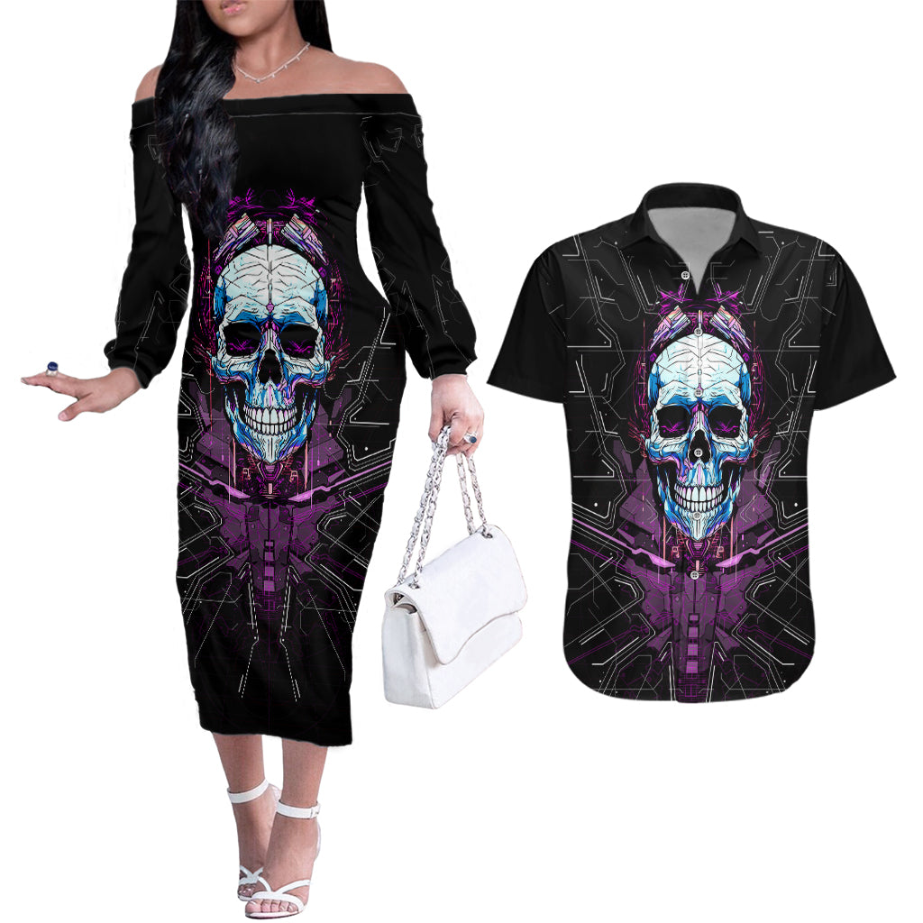 Technology Skull Couples Matching Off The Shoulder Long Sleeve Dress and Hawaiian Shirt I'm blunt because God rolled me that way - Wonder Print Shop