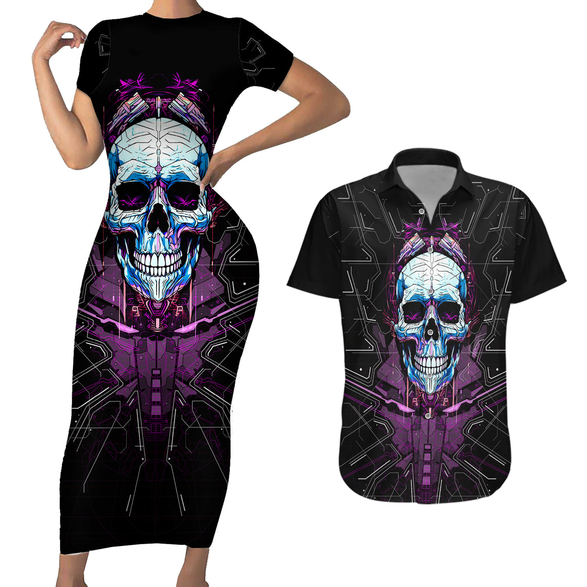 Technology Skull Couples Matching Short Sleeve Bodycon Dress and Hawaiian Shirt I'm blunt because God rolled me that way - Wonder Print Shop