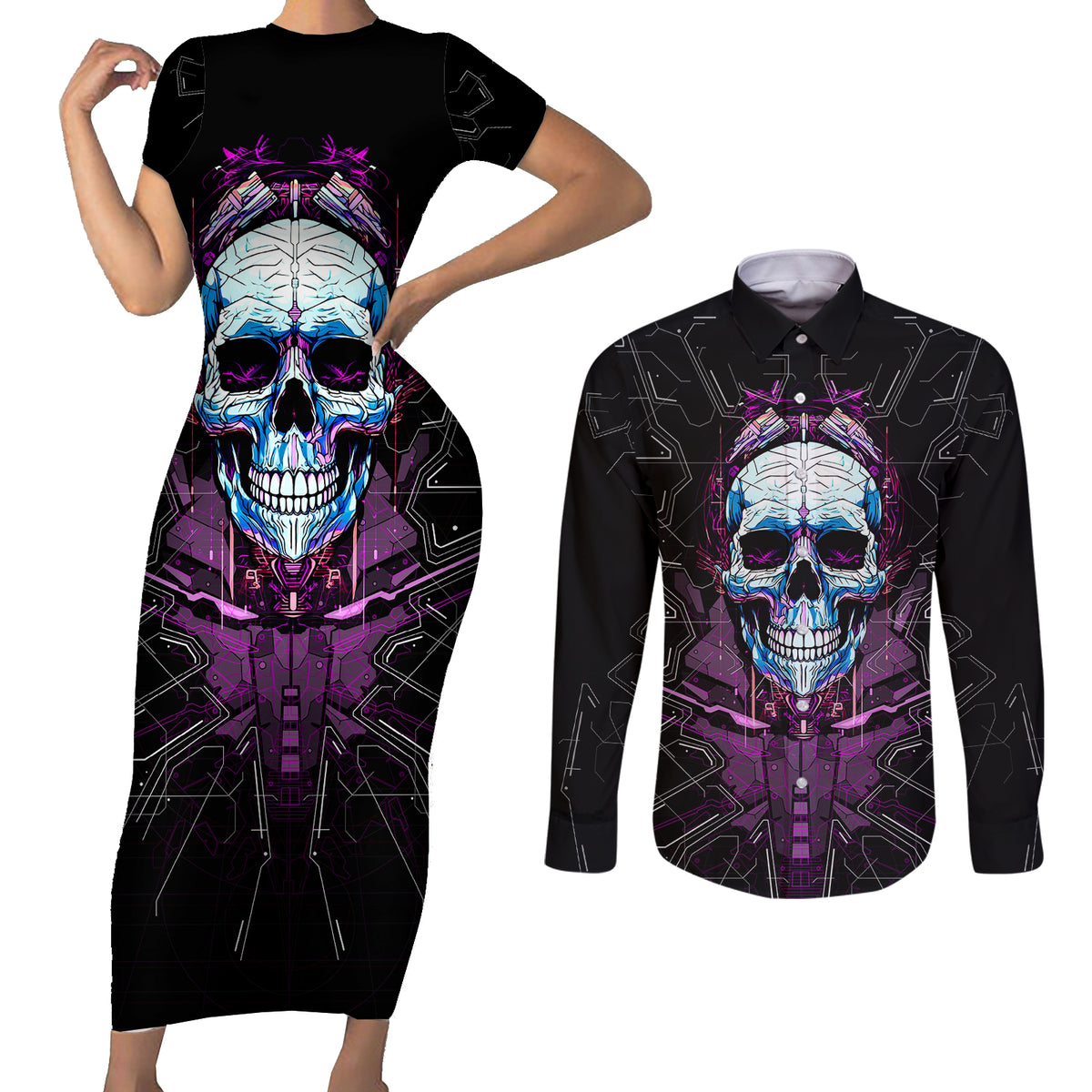 Technology Skull Couples Matching Short Sleeve Bodycon Dress and Long Sleeve Button Shirts I'm blunt because God rolled me that way - Wonder Print Shop