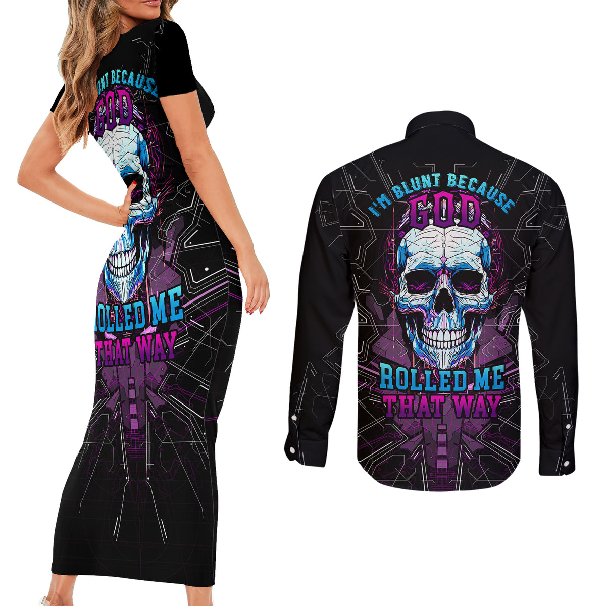 Technology Skull Couples Matching Short Sleeve Bodycon Dress and Long Sleeve Button Shirts I'm blunt because God rolled me that way - Wonder Print Shop