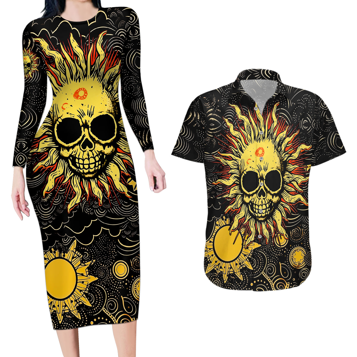 Sun Skull Couples Matching Long Sleeve Bodycon Dress and Hawaiian Shirt I May Not Be Perfect But At Least I'm Not You - Wonder Print Shop