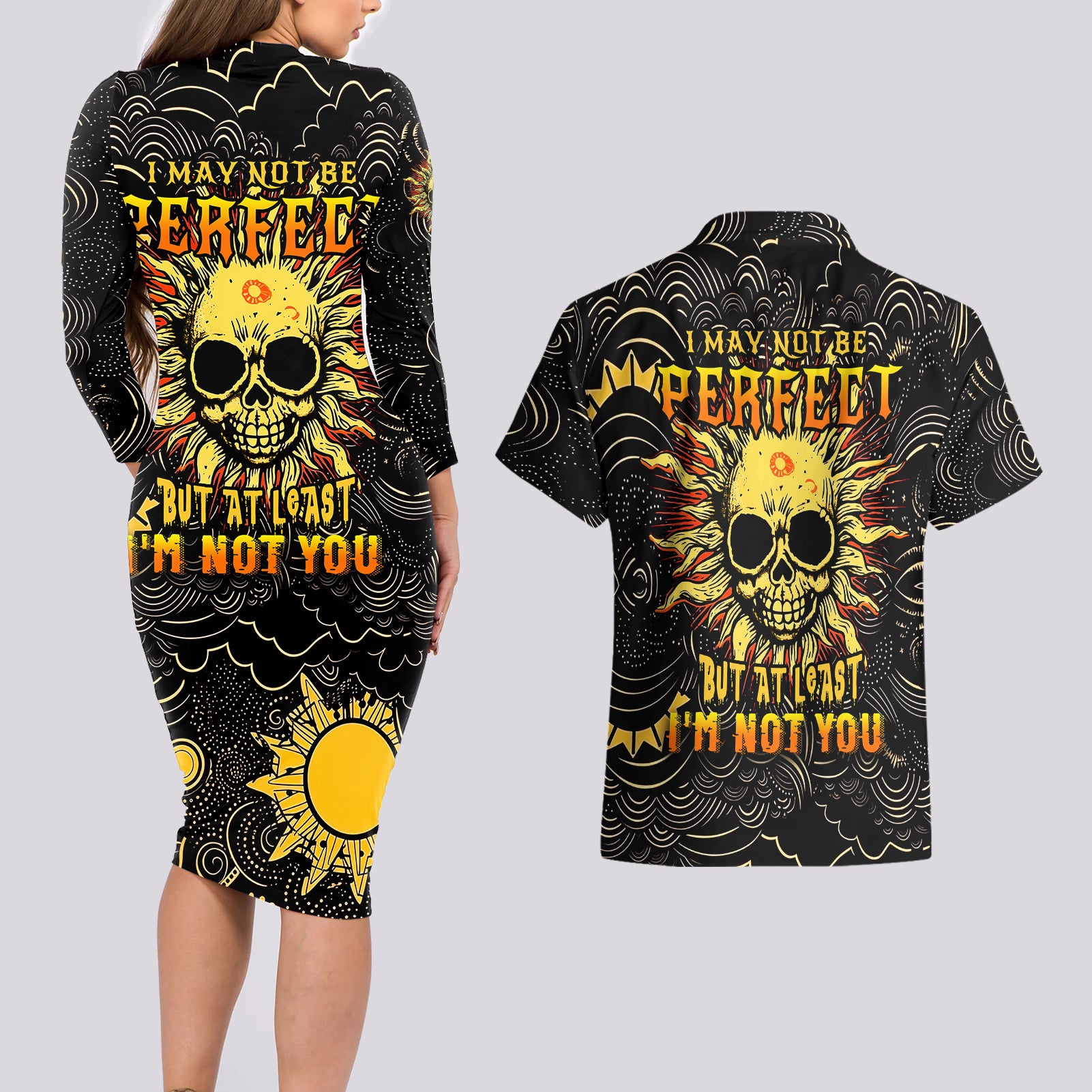 Sun Skull Couples Matching Long Sleeve Bodycon Dress and Hawaiian Shirt I May Not Be Perfect But At Least I'm Not You - Wonder Print Shop