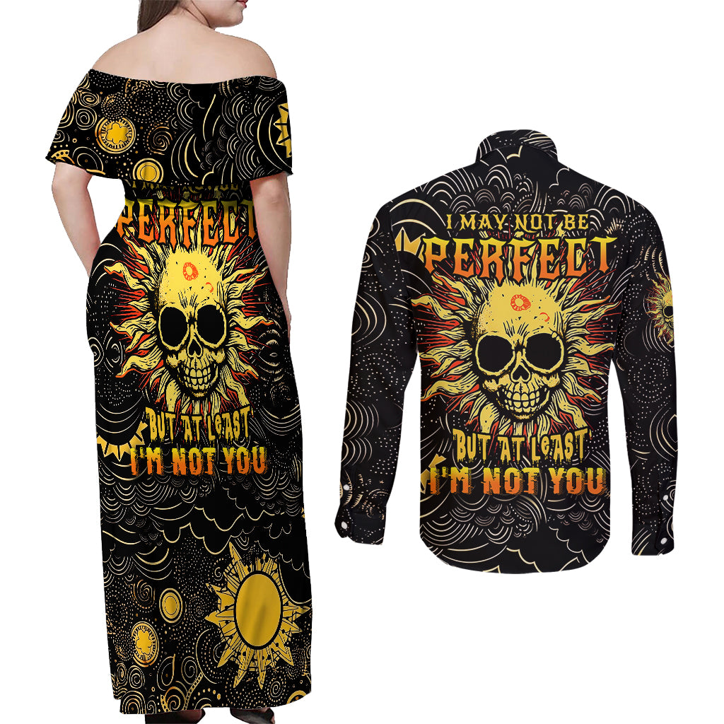 Sun Skull Couples Matching Off Shoulder Maxi Dress and Long Sleeve Button Shirts I May Not Be Perfect But At Least I'm Not You - Wonder Print Shop