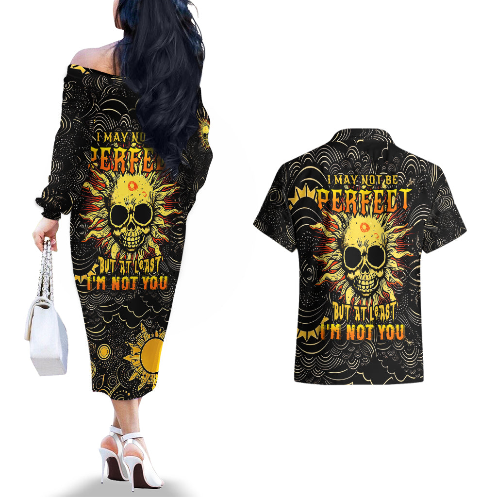 Sun Skull Couples Matching Off The Shoulder Long Sleeve Dress and Hawaiian Shirt I May Not Be Perfect But At Least I'm Not You - Wonder Print Shop