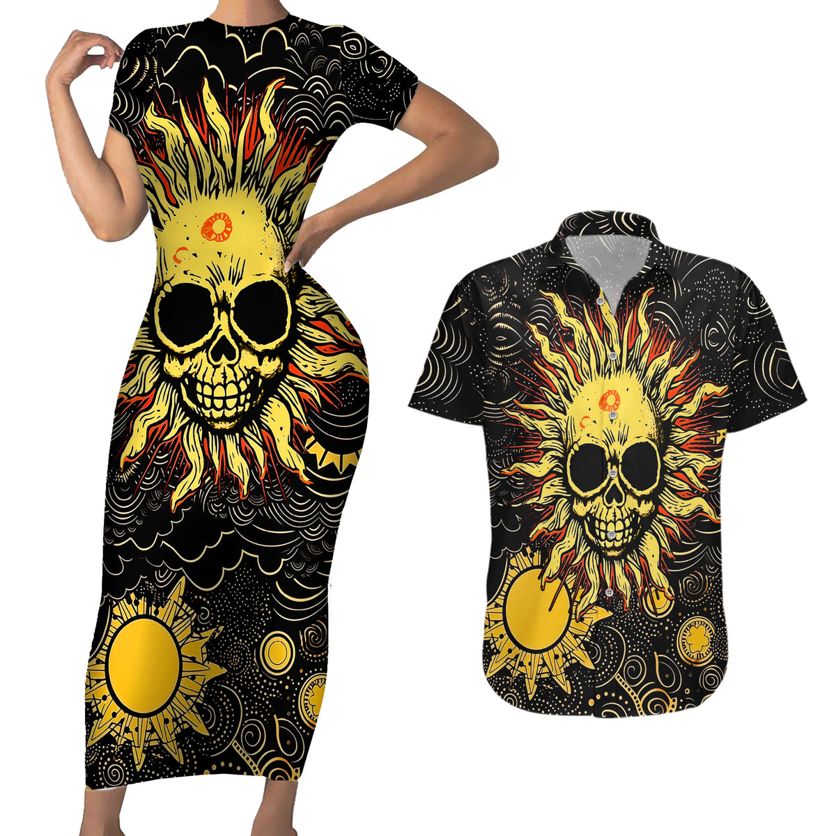 Sun Skull Couples Matching Short Sleeve Bodycon Dress and Hawaiian Shirt I May Not Be Perfect But At Least I'm Not You - Wonder Print Shop