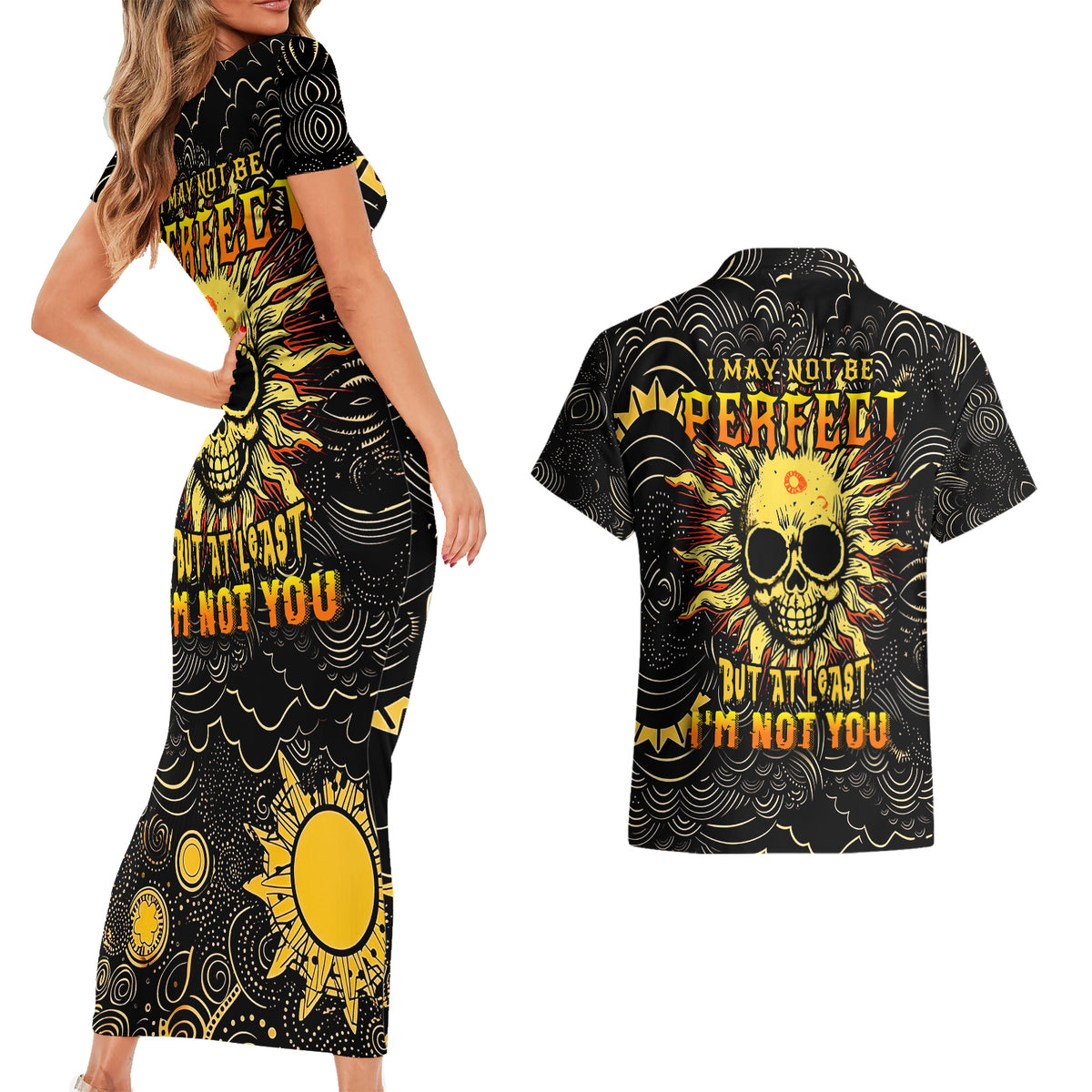 Sun Skull Couples Matching Short Sleeve Bodycon Dress and Hawaiian Shirt I May Not Be Perfect But At Least I'm Not You - Wonder Print Shop