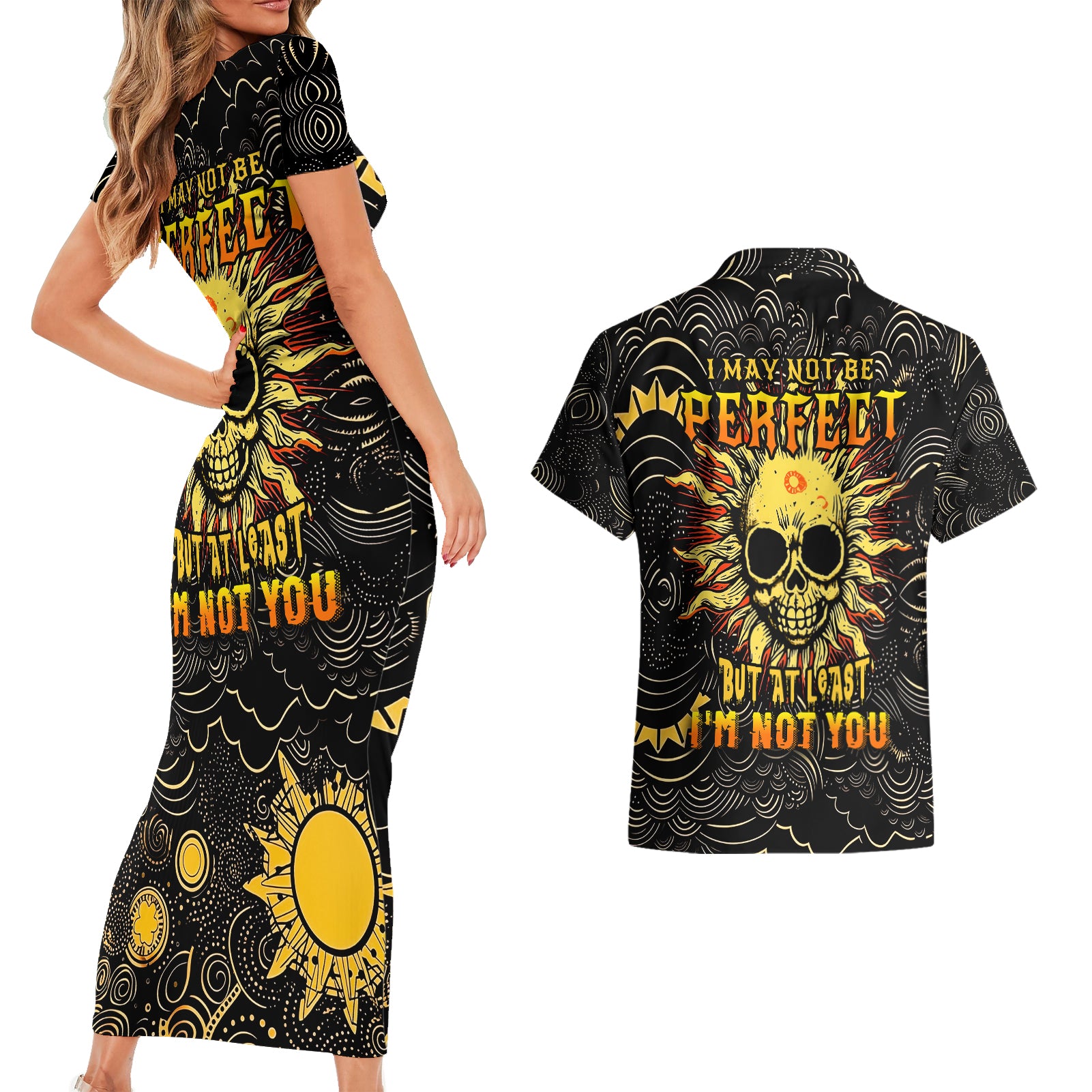Sun Skull Couples Matching Short Sleeve Bodycon Dress and Hawaiian Shirt I May Not Be Perfect But At Least I'm Not You - Wonder Print Shop