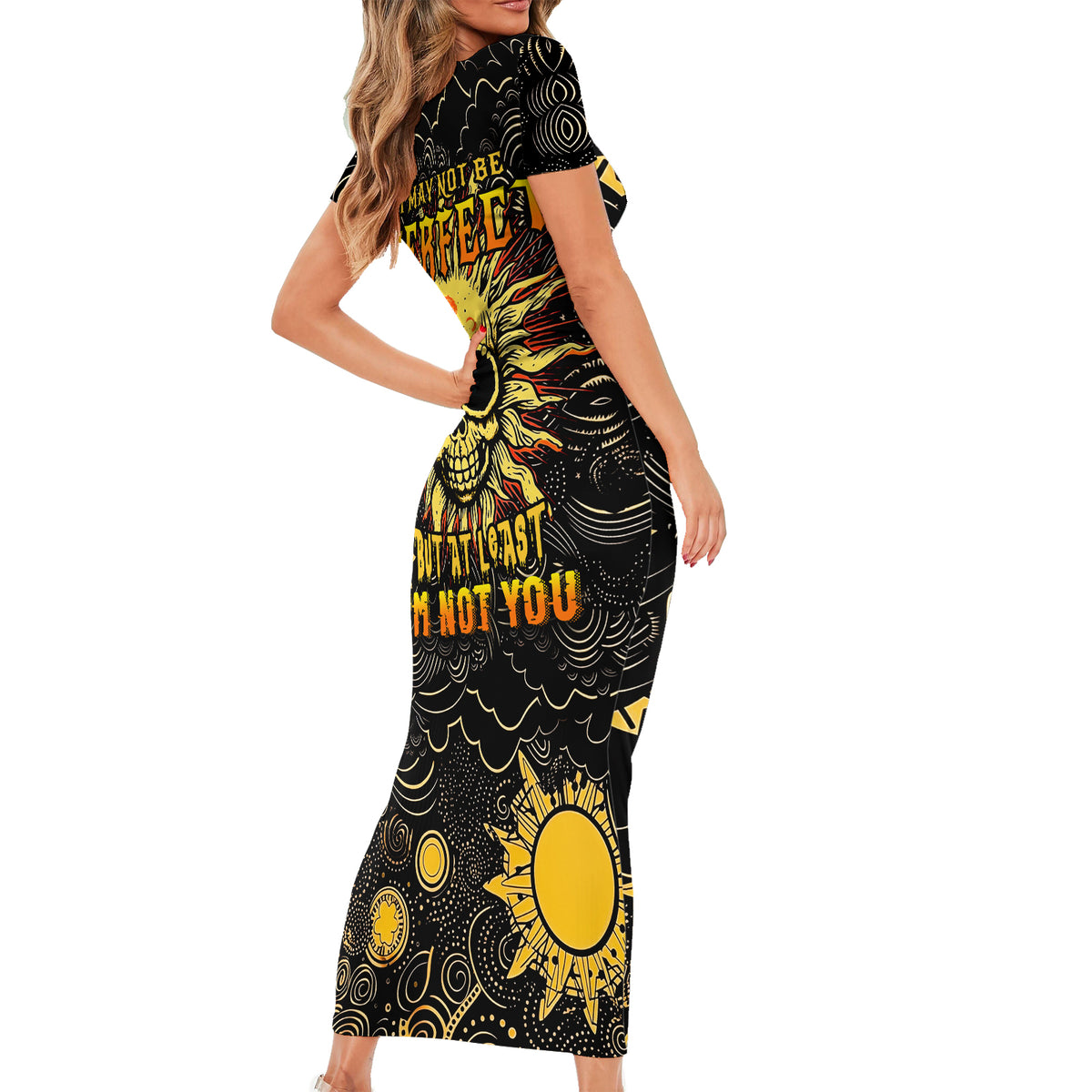 Sun Skull Short Sleeve Bodycon Dress I May Not Be Perfect But At Least I'm Not You - Wonder Print Shop