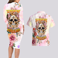Flower Skull Couples Matching Long Sleeve Bodycon Dress and Hawaiian Shirt She Is Sunshine Mixed With A Little Hurricane - Wonder Print Shop