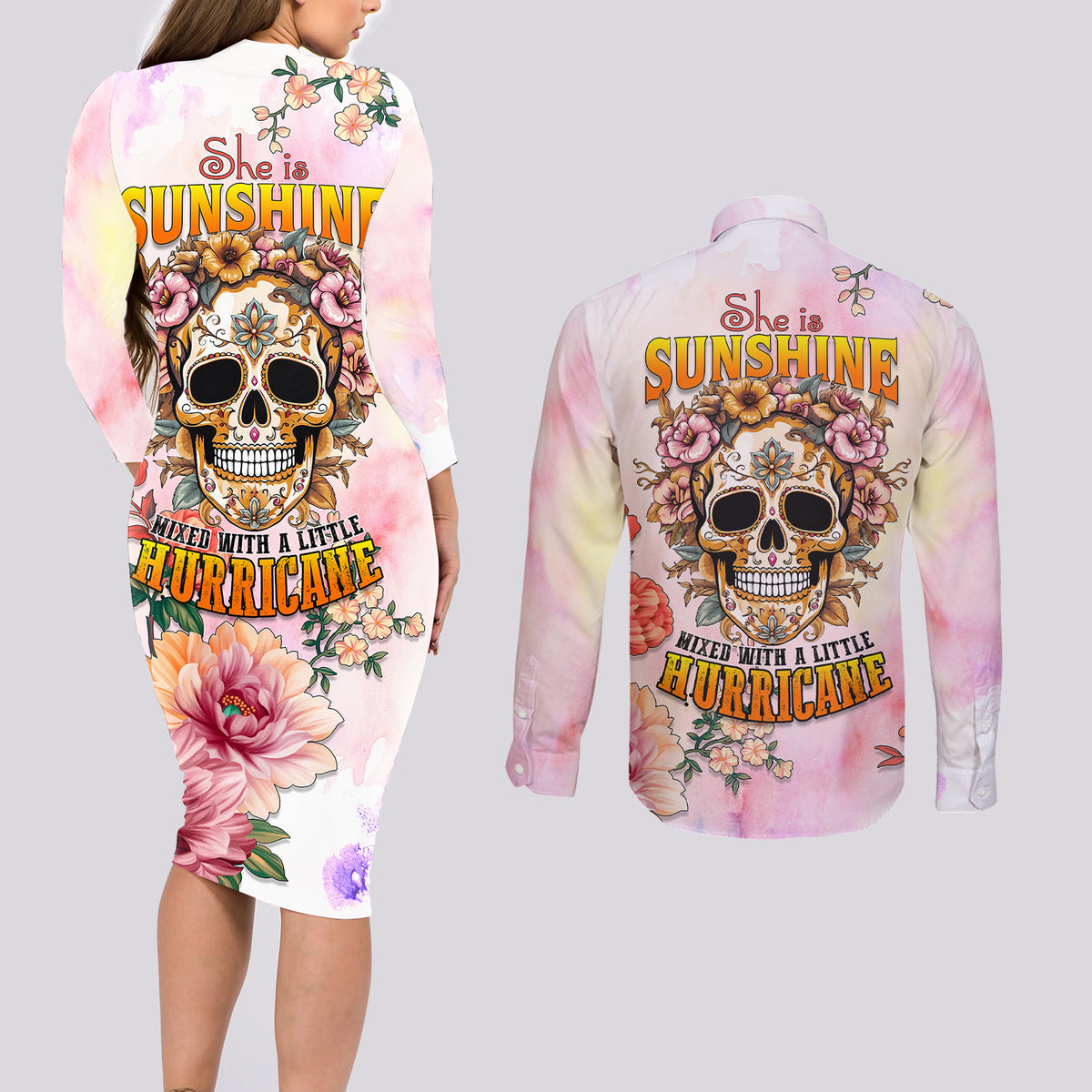 Flower Skull Couples Matching Long Sleeve Bodycon Dress and Long Sleeve Button Shirts She Is Sunshine Mixed With A Little Hurricane - Wonder Print Shop