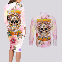Flower Skull Couples Matching Long Sleeve Bodycon Dress and Long Sleeve Button Shirts She Is Sunshine Mixed With A Little Hurricane - Wonder Print Shop
