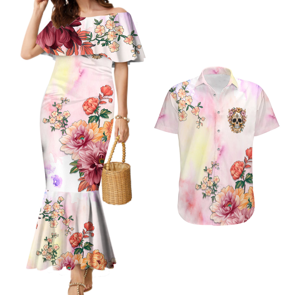 Flower Skull Couples Matching Mermaid Dress and Hawaiian Shirt She Is Sunshine Mixed With A Little Hurricane - Wonder Print Shop