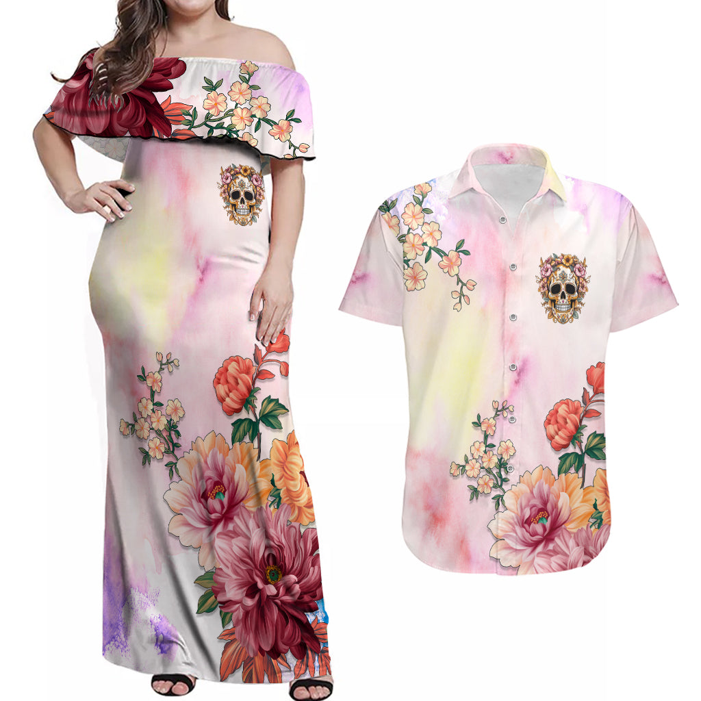 Flower Skull Couples Matching Off Shoulder Maxi Dress and Hawaiian Shirt She Is Sunshine Mixed With A Little Hurricane - Wonder Print Shop
