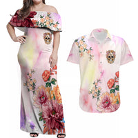 Flower Skull Couples Matching Off Shoulder Maxi Dress and Hawaiian Shirt She Is Sunshine Mixed With A Little Hurricane - Wonder Print Shop