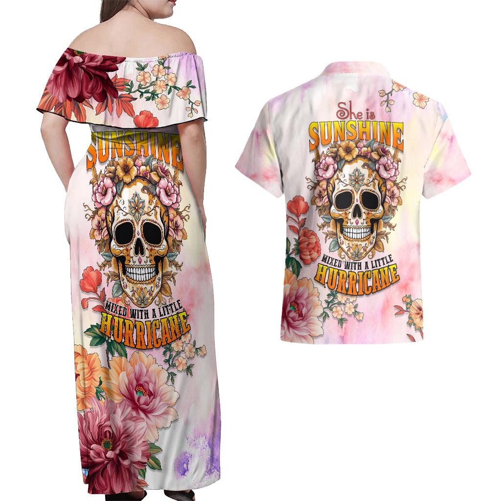 Flower Skull Couples Matching Off Shoulder Maxi Dress and Hawaiian Shirt She Is Sunshine Mixed With A Little Hurricane - Wonder Print Shop