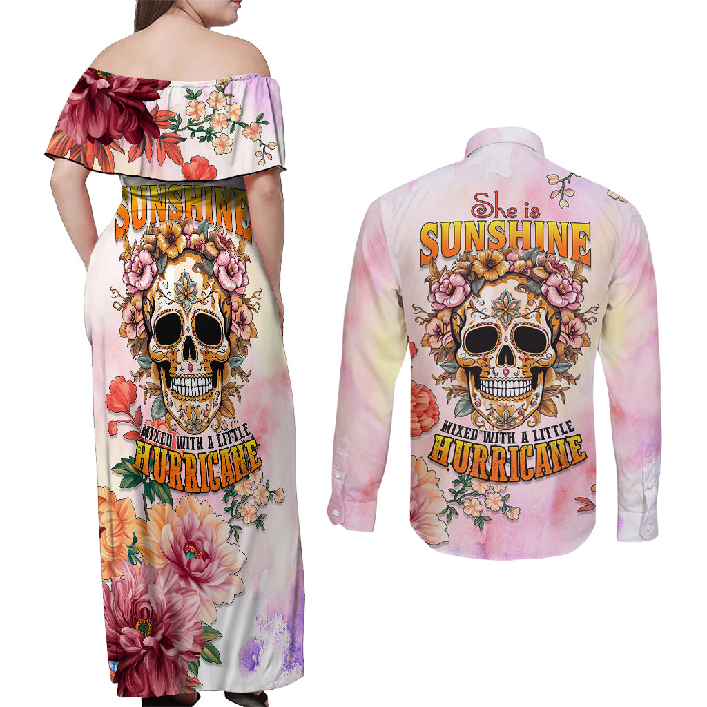 Flower Skull Couples Matching Off Shoulder Maxi Dress and Long Sleeve Button Shirts She Is Sunshine Mixed With A Little Hurricane - Wonder Print Shop