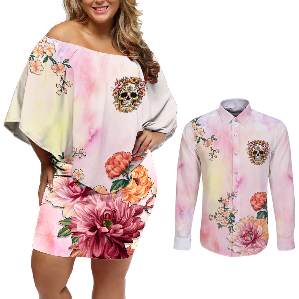 Flower Skull Couples Matching Off Shoulder Short Dress and Long Sleeve Button Shirts She Is Sunshine Mixed With A Little Hurricane - Wonder Print Shop
