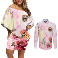 Flower Skull Couples Matching Off Shoulder Short Dress and Long Sleeve Button Shirts She Is Sunshine Mixed With A Little Hurricane - Wonder Print Shop