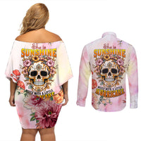 Flower Skull Couples Matching Off Shoulder Short Dress and Long Sleeve Button Shirts She Is Sunshine Mixed With A Little Hurricane - Wonder Print Shop