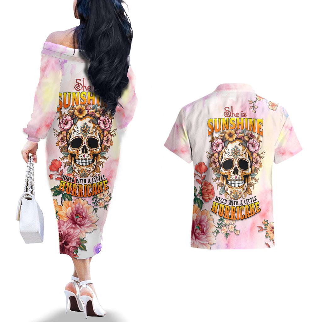 Flower Skull Couples Matching Off The Shoulder Long Sleeve Dress and Hawaiian Shirt She Is Sunshine Mixed With A Little Hurricane - Wonder Print Shop