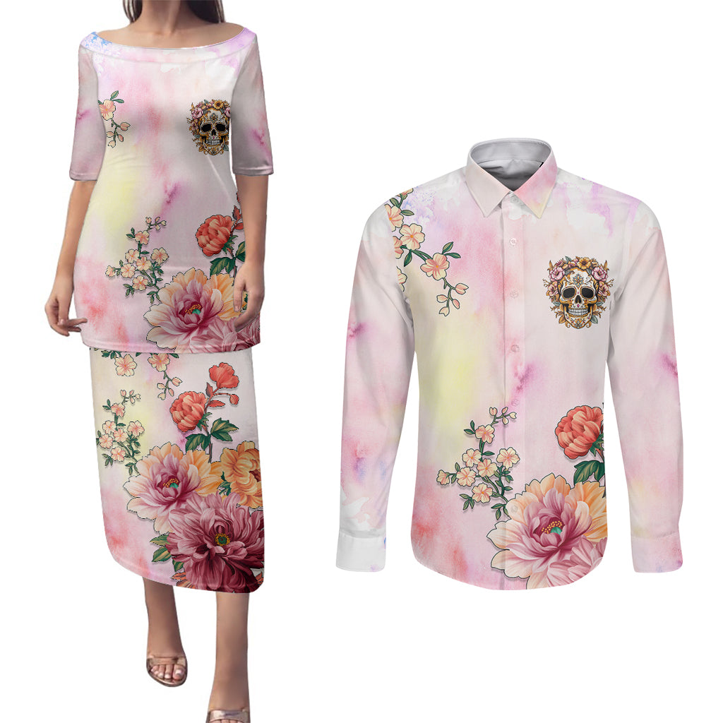 Flower Skull Couples Matching Puletasi Dress and Long Sleeve Button Shirts She Is Sunshine Mixed With A Little Hurricane - Wonder Print Shop