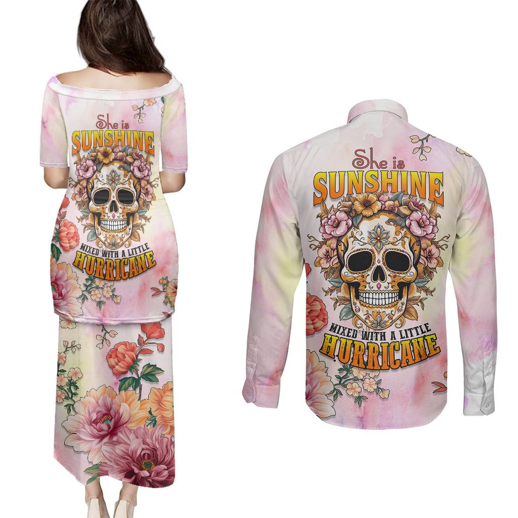 Flower Skull Couples Matching Puletasi Dress and Long Sleeve Button Shirts She Is Sunshine Mixed With A Little Hurricane - Wonder Print Shop