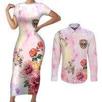 Flower Skull Couples Matching Short Sleeve Bodycon Dress and Long Sleeve Button Shirts She Is Sunshine Mixed With A Little Hurricane - Wonder Print Shop