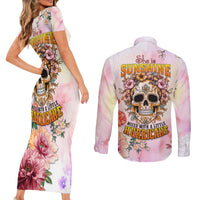 Flower Skull Couples Matching Short Sleeve Bodycon Dress and Long Sleeve Button Shirts She Is Sunshine Mixed With A Little Hurricane - Wonder Print Shop