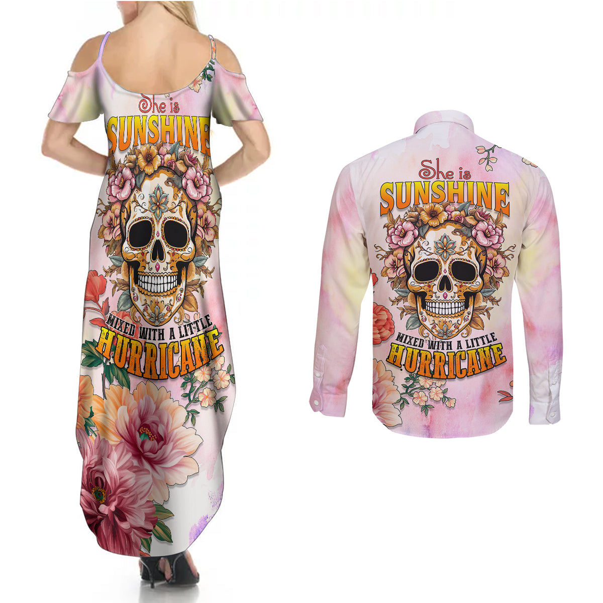 Flower Skull Couples Matching Summer Maxi Dress and Long Sleeve Button Shirts She Is Sunshine Mixed With A Little Hurricane - Wonder Print Shop