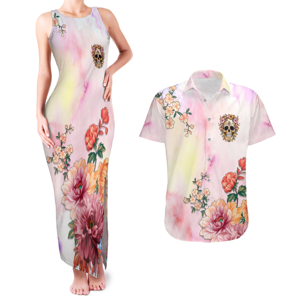 Flower Skull Couples Matching Tank Maxi Dress and Hawaiian Shirt She Is Sunshine Mixed With A Little Hurricane - Wonder Print Shop