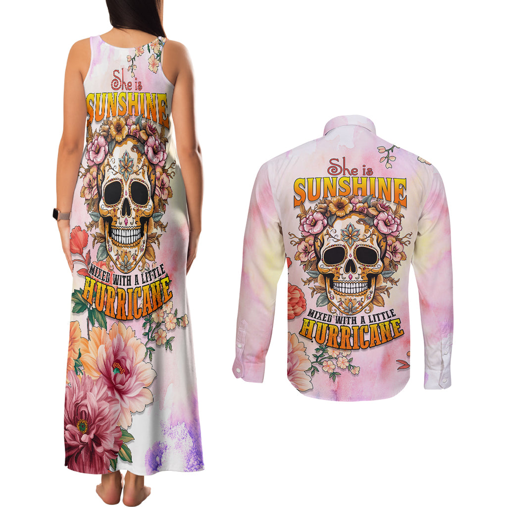 Flower Skull Couples Matching Tank Maxi Dress and Long Sleeve Button Shirts She Is Sunshine Mixed With A Little Hurricane - Wonder Print Shop